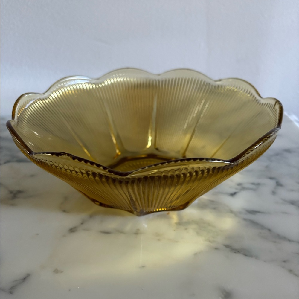 Vintage Radiance Honey Gold Anchor Hocking 8" Ribbed Bowl Scalloped Top Rim